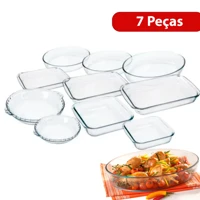 Imagem da promoção Conjunto Marinex Jogo de Travessas 7 peças Variadas em Vidro Temperado próprias P/ Forno