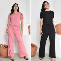Imagem da promoção Kit 2 Conjuntos Feminino Blusa Manga Princesa Plissada + Calça Pantalona Cintura Alta Viscolycra Cin