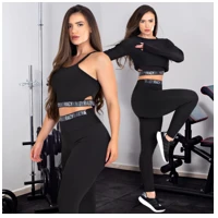 Imagem da promoção Conjunto 3 PEÇAS Fitness Legging Cintura Alta + Croped Dry Fit Manga Longa + Top Racy Preto Não Fica