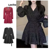 Imagem da promoção Lovito Casual Vestido Feminino de Bolinhas Cruzado com Manga Bufante LNE27238 (Multicolorido)