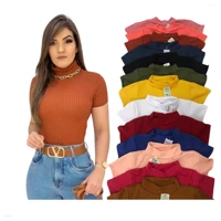 Imagem da promoção Kit 3 Blusa Blusinha Canelada Gola Alta Com Manga Curta