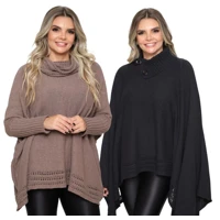 Imagem da promoção Kit 2 Poncho Feminino Tricô Gola Alta Casaco Lã Mousse Liso Boho