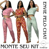 Imagem da promoção Kit com 2 ou 3 Pijamas Feminino Ondinha Adulto Cropped Calça Longa Estampado Suede Roupa de Dormir