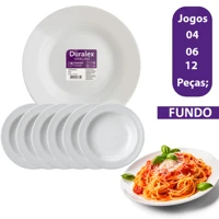Imagem da promoção Jogo Kit Prato Menu Fundo 04/06/12UN Branco 23 Cm Vidro Liso Duralex Temperado Opaline Almoço Hotel