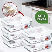 Imagem da promoção Kit 5 Potes Vidro Hermético 1040ml Retangular 4 Travas Transparente Premium