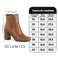 Imagem da promoção Bota Feminina Lumiss Salto Alto Grosso Cano Curto Bico Quadrado Calce Fácil Zíper Confortável