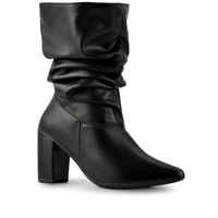 Imagem da promoção Bota Feminina Lumiss Slouchy Confortável Cano Médio Stretch Enrugado Salto Alto Grosso Bico Fino Fas