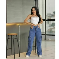Imagem da promoção calça jeans feminina cargo levanta bumbum cintura alta