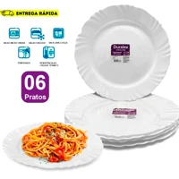 Imagem da promoção Kit Jogo 6 Pratos Pétala Raso Opaline Vidro Branco temperado e Resistente Almoço e Jantar - Duralex
