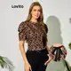 Lovito Boho Blusa Feminina de Bolinhas Manga Bufante e Laço Traseiro em oferta