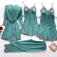 Imagem da promoção Pijama De Seda Satin Silk 5 Peças Roupa De Noite Pyjama Esparguete De Renda Sono