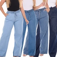 Imagem da promoção Calça Jeans Feminina Wide Leg Cintura Alta Pantalona Tecido Leve 100% Algodão