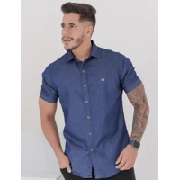 Imagem da promoção Camisa Jeans Masculina Slim Fit Manga Curta Social Algodão Botões Premium
