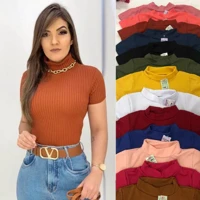 Imagem da promoção KIT 3 Blusa Feminina Canelada Gola Alta Com Manga Curta