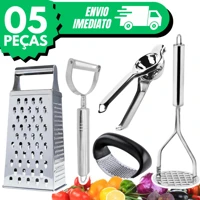 Imagem da promoção Kit 5 Utensílios Descascador + Amassador Batata + Alho Ralador + Espremedor Limão INOX Cozinha