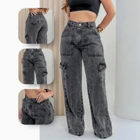 Imagem da oferta Calça Cargo Feminina Jeans Bolso Lateral Wid Leg 34 ao 44 Pantalona Cintura Alta