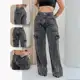 Calça Cargo Feminina Jeans Bolso Lateral Wid Leg 34 ao 44 Pantalona Cintura Alta em oferta