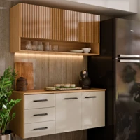 Imagem da oferta Armário de Cozinha Eliza com Balcão Aéreo 3 Gavetas Telescópicas Ripado 3D MDF MDP Moderno Compacto