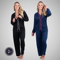 Imagem da promoção Kit 2 Conjuntos Pijama Longo Botão Roupa De Dormir Amamentação Pós Parto Confortável Calça Manga Lon