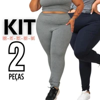 Imagem da promoção Kit 2 Calças Legging Plus Size Feminina Leg Suplex Cintura Alta Tecido Grosso Costura Reforçada Fitn