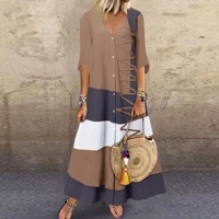 Imagem da promoção Elegante Vestido Maxi Mulher Casual De Pescoço Em V De Manga Curta Stiching Print Shirt De Verão 202
