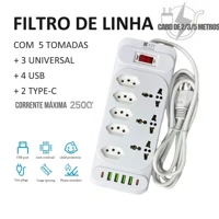 Imagem da promoção Régua Filtro de Linha com 8 Tomadas Extensão Elétrica 3 Universal 4 U 2 Type c 10A 110V/220V 2/3/5M