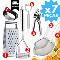 Imagem da promoção Kit Cozinha 7 Peças INOX Descascador +Amassador Batata Alho + Ralador + Espremedor Limão+ 2 Peneiras
