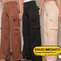Imagem da promoção Calça Social Feminina Modelo Pantalona Alfaiataria Cargo Wide Leg Calsa Luxo Blogueira Moda