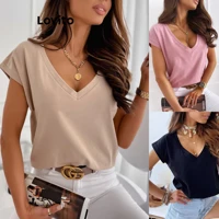 Imagem da promoção Lovito Camiseta Elegante Lisa Com Decote Em V Para Mulheres
