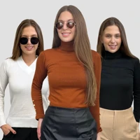 Imagem da promoção Kit 3 Blusa Feminina de Frio Tricô Gola Alta Suéter Decote V Manga Longa Botão Lã