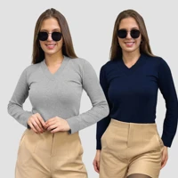 Imagem da promoção Kit 2 Blusa Feminina De Frio Tricô Suéter Feminino Manga Longa Decote V Lã Elastano