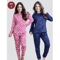 Imagem da promoção KIT C/ 2 Pijama Longo Feminino Adulto Estampado Confortável Conjunto de Dormir Frio Manga Comprida