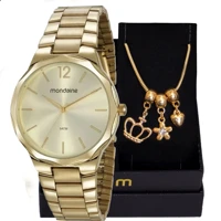 Imagem da promoção Relógio Mondaine feminino dourado facetado, à prova d'água, com pulseira de berloques, perfeito.