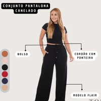 Imagem da promoção Conjunto Pantalona Feminina Canelada Com Bolso e Elástico na Cintura Blusa Gola Alta