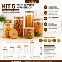 Imagem da oferta Kit 5 Potes De Vidro Herméticos Com Tampa De Bambu Organizador Para Mantimentos Grãos Café Massas E