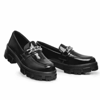 Imagem da promoção Mocassim Feminino Tratorado Corrente Preto Verniz Confortável Top