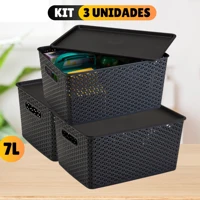 Imagem da promoção Kit Com 3 Cesto Caixa Organizadora Rattan Com Tampa 7 Litros Preto Multiuso