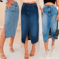 Imagem da promoção Saia Jeans Feminina Longa Cintura Alta Evangélica Midi Com Abertura