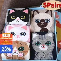 Imagem da promoção 5 Pares Meias de Gato Confortáveis e Fofas de Gato de Cartoon Mulheres - Padrão Animal Absorvente de