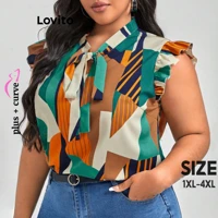 Imagem da promoção Lovito Blusa feminina plus size curva elegante geométrica com babado na frente