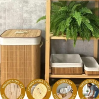 Imagem da promoção Cesto de Roupa Suja 70 LITROS Lavanderia Bambu c/ Tampa Retangular Forrado Quarto Banheiro Dobrável