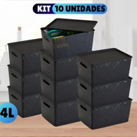 Imagem da promoção Kit Com 10 Cesto Caixa Organizadora Rattan Com Tampa 4 Litros Preto