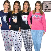 Imagem da promoção Kit com 2 Pijamas Feminino Inverno Longo Listrado em malha premium Direto da Fabrica