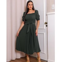 Imagem da promoção Vestido Plissado Liso Feminino Manga Bufante Com Elástex
