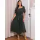 Vestido Plissado Liso Feminino Manga Bufante Com Elástex em oferta