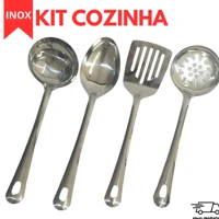 Imagem da promoção Utensilios para Cozinha INOX 4pçs - Espatula Escumadeira Colher de Arroz Concha Louça Comida Casa