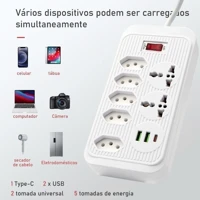 Imagem da promoção Extensão Régua de 5 Tomadas 2 Universal 2 USB 1 Tipo-C 1,90m - WZK-5221