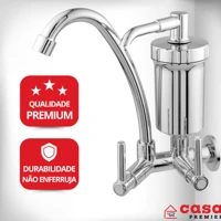 Imagem da promoção Torneira Filtro Parede Cozinha Bica Móvel Pia ABS Cromada Casa Premier + 03 Refis