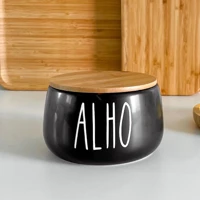 Imagem da promoção Pote Para Cozinha Porta Tempero Para Alho Hermético de Cerâmica tampa de Bambu Madeira Preto 600ml