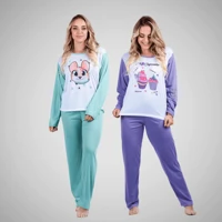 Imagem da promoção Kit 2 Pijama Longo Adulto Conjunto Dormir Feminino Frio Manga Comprida Estampa Sortida Poliéster Lin